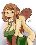  1girl brown_hair furry green_clothes green_eyes long_hair setouchi_kurage smile solo weasel 