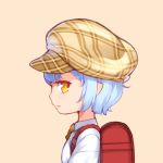  aoi_tsunami backpack bag bangs blue_hair brown_background brown_hat cabbie_hat collared_shirt commentary hat looking_at_viewer looking_to_the_side orange_eyes original parted_lips plaid_hat pointy_ears profile randoseru shirt short_hair simple_background solo symbol_commentary white_shirt 
