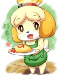  &lt;3 animal_crossing apron bell blonde_hair blush blush_stickers brown_eyes canine clothing dialogue dog eyebrows_visible_through_hair female food full_budy hair happy isabelle_(animal_crossing) japanese_text jingle_bell mammal naked_apron nintendo open_mouth plate ratipiko shih_tzu short_hair smile solo standing tailwag text translation_request video_games 