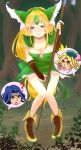  1girl 2boys ? absurdres bangs between_legs blonde_hair blue_eyes blue_hair blue_hat blush boots breasts character_request collarbone crystal dress embarrassed forehead_jewel forest full_body grass green_dress half-closed_eyes hand_between_legs hand_up hat have_to_pee headband highres holding holding_staff knees_together_feet_apart leaning_forward long_hair looking_away looking_to_the_side medium_breasts mojira multiple_boys nature open_mouth outdoors pigeon-toed pointy_ears riesz see-through seiken_densetsu seiken_densetsu_3 shiny shiny_hair short_dress shoulder_armor shoulder_pads solo_focus speech_bubble staff standing sweat tears teeth tree very_long_hair yellow_eyes yellow_footwear 