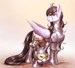  2018 armor brown_hair digital_media_(artwork) equine eyebrows eyelashes fan_character feathered_wings feathers female feral hair mammal my_little_pony mykegreywolf pegasus simple_background solo standing wings yellow_eyes 