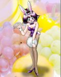  1girl 90s alternate_costume amelia_wil_tesla_seyruun animal_costume animal_ears bare_shoulders black_hair blue_eyes bow bowtie breasts bunny_costume bunny_ears bunny_girl bunnysuit cuffs detached_collar fullbody high_heels leotard looking_at_viewer open_mouth pantyhose purple_hair slayers tagme 