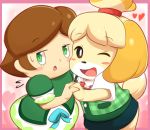  animal_crossing blonde_hair blush blush_stickers border brown_eyes brown_hair canine clothing dog duo eyebrows_visible_through_hair female green_eyes hair half-closed_eyes hand_holding happy human isabelle_(animal_crossing) looking_at_viewer mammal nintendo one_eye_closed open_mouth pink_background ratipiko shih_tzu shirt short_hair simple_background skirt smile standing sweay tied_hair topknot vest video_games villager_(animal_crossing) wink 