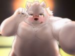  2018 anthro ashi4423 bear belly blush eyewear fur glasses humanoid_hands male mammal moobs overweight overweight_male polar_bear rave_(housamo) solo tokyo_afterschool_summoners tongue tongue_out white_fur 