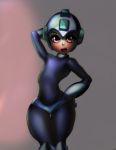  :d absurdres android arm_cannon arm_up blue_suit commentary english_commentary eyelashes hand_on_hip helmet highres male_focus narrow_waist open_mouth pink_eyes rockman rockman_(character) smile solo souf thick_thighs thigh_gap thighs weapon wide_hips 