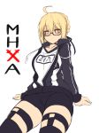  ahoge artoria_pendragon_(all) blonde_hair braid commentary crown_braid drawstring english_commentary expressionless eyebrows_visible_through_hair fate/grand_order fate_(series) glasses hair_between_eyes highres jacket mysterious_heroine_x_(alter) name_tag short_hair simple_background sitting sketch solo sub-res white_background yellow_eyes 