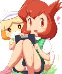  &lt;3 amber_eyes animal_crossing bianca_(m05) blush blush_stickers brown_eyes canine clipboard clothing costume_swap crossover dog duo eyebrows_visible_through_hair female footwear grass hair happy hat human human_focus isabelle_(animal_crossing) mammal nintendo open_mouth panties pok&eacute;mon ratipiko red_hair shih_tzu shirt shoes simple_background sitting skirt smile underwear upskirt vest video_games white_background 