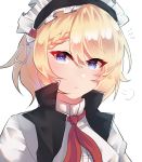  :t =3 asymmetrical_bangs bangs black_vest blonde_hair braid breasts closed_mouth commentary cravat crown_braid eyebrows_visible_through_hair eyelashes eyes_visible_through_hair furrowed_eyebrows g36_(girls_frontline) girls_frontline hair_between_eyes head_tilt high_collar highres long_hair looking_at_viewer maid_headdress medium_breasts meow_nyang open_clothes open_vest parted_bangs pout puffy_short_sleeves puffy_sleeves purple_eyes red_neckwear ringed_eyes shiny shiny_hair short_sleeves simple_background sketch_eyebrows solo upper_body vest white_background white_pupils 