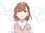  biribiri brown_eyes brown_hair electricity looking_up misaka_mikoto open_mouth school_uniform short_hair simple_background solo sweater_vest to_aru_kagaku_no_railgun to_aru_majutsu_no_index tokiwadai_school_uniform white_background yuzuann 