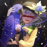  ^_^ animal bandaid bangs bird black_bow black_hat black_neckwear blood blue_flower blue_rose bow bowtie brooch censored closed_eyes commentary_request eyeball fangs flower frilled_shirt_collar frills hair_between_eyes hand_up hat hat_flower holding holding_animal hyacinth_macaw identity_censor jewelry komeiji_koishi long_sleeves macaw musical_note musical_note_print open_mouth parrot petals puffy_sleeves rose shirt short_hair silver_hair sindre smile solo sparkle tears third_eye touhou upper_body white_flower yellow_shirt 