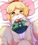  &lt;3 animal_crossing barefoot bed_sheet bedding blonde_hair blush blush_stickers bottomless breath canine clitoris clothed clothing dialogue dog eyebrows_visible_through_hair female hair hair_bell half-closed_eyes isabelle_(animal_crossing) japanese_text jingle_bell legs_up lying mammal nintendo on_back open_mouth panties panties_around_one_leg pillow presenting presenting_pussy pussy pussy_juice ratipiko ribbons shih_tzu shirt short_hair skirt solo spread_legs spreading sweat text tied_hair topknot translation_request uncensored underwear underwear_around_one_leg upskirt vest video_games yellow_eyes 