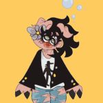  2019 anthro black_hair bunbles clothed clothing digital_media_(artwork) facial_piercing hair jeans leather looking_tired mammal nose_piercing nose_ring pants piercing pig porcine seth_champigny simple_background solo tired torn_clothing torn_jeans torn_pants yellow_background 
