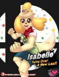  2018 absurd_res animal_crossing anthro blonde_hair canine clothed clothing digital_media_(artwork) dog english_text female hair hi_res isabelle_(animal_crossing) ladypixelheart looking_at_viewer mammal nintendo open_mouth open_smile patreon shih_tzu smile solo super_smash_bros text url video_games 