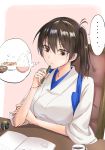  batabata0015 bowl brown_eyes brown_hair chair commentary cup desk enemy_lifebuoy_(kantai_collection) food highres hungry japanese_clothes kaga_(kantai_collection) kantai_collection pink_background rice_bowl side_ponytail sitting solo speech_bubble thinking thought_bubble 