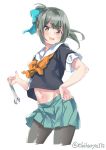  adjustable_wrench aqua_skirt bangs black_legwear blue_bow blush bow bowtie ebifurya eyebrows_visible_through_hair green_hair hair_bow hand_on_hip highres kantai_collection long_hair looking_at_viewer miniskirt navel open_mouth orange_bow orange_neckwear pantyhose ponytail red_eyes school_uniform serafuku short_sleeves simple_background skirt solo twitter_username white_background wrench yuubari_(kantai_collection) 