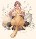  animal animal_on_lap arm_warmers beige_background blue_eyes boots braid braided_ponytail brown_hair cat e_f_regan826 feathers full_body fur_trim gem h'aanit_(octopath_traveler) indian_style jewelry jewelry_removed linde_(octopath_traveler) looking_at_viewer musical_note octopath_traveler pants pearl ring simple_background single_braid sitting smile snow_leopard solo treble_clef twitter_username 