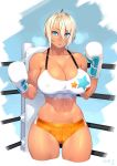  23_(real_xxiii) ahoge ass_visible_through_thighs bare_shoulders blonde_hair blue_eyes blush boxing_gloves boxing_ring breasts cleavage clenched_hands collarbone covered_nipples dark-skinned_girl_(23) dark_skin highres huge_breasts large_breasts looking_at_viewer midriff mouth_guard navel open_mouth original shiny shiny_skin short_hair skin_tight solo sweat tank_top wristband 