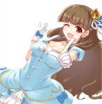  ;d bangs blue_choker blue_dress blunt_bangs breasts brown_hair choker cleavage crown dress dutch_angle eyebrows eyebrows_visible_through_hair formal gloves hair_bun hair_ribbon idolmaster idolmaster_cinderella_girls kamiya_nao long_dress long_hair looking_at_viewer medium_breasts mini_crown one_eye_closed open_mouth pointing pointing_up puffy_short_sleeves puffy_sleeves red_eyes ribbon saezu_habaki short_sleeves simple_background smile solo standing thick_eyebrows white_background white_gloves white_ribbon 