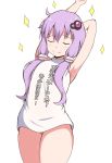  absurdres ahoge armpits arms_up bangs blush closed_eyes closed_mouth clothes_writing commentary_request cowboy_shot eyebrows_visible_through_hair facing_viewer grey_panties hair_between_eyes hair_ornament highres long_hair mitchi panties purple_hair shirt simple_background sleeveless sleeveless_shirt smile solo sparkle translation_request underwear very_long_hair vocaloid voiceroid white_background white_shirt yuzuki_yukari 