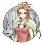  animal blonde_hair braid braided_ponytail circle commentary_request fur_trim gloves h'aanit_(octopath_traveler) linde_(octopath_traveler) long_hair looking_at_viewer octopath_traveler outside_border ponytail simple_background single_braid snow_leopard solo uboar 