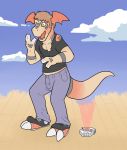  anthro blueballs claws clothing cloud digimon digivice footwear guilmon jeans male malfunction pants plantigrade scalie shirt shoes thick_tail torn_clothing transformation 