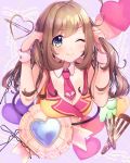  alternate_hairstyle bbbannooo blush breasts cleavage closed_mouth eyebrows_visible_through_hair hair_ornament hairclip heart idolmaster idolmaster_cinderella_girls large_breasts long_hair looking_at_viewer necktie one_eye_closed pink_neckwear satou_shin smile solo wrist_cuffs 