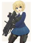  ag36 assault_rifle bangs black_gloves black_neckwear blonde_hair blue_eyes blue_skirt blue_sweater braid bulletproof_vest commentary_request cowboy_shot darjeeling dress_shirt eyebrows_visible_through_hair girls_und_panzer gloves grenade_launcher gun highres holding holding_gun holding_weapon ichigotofu l85 light_smile long_sleeves looking_at_viewer miniskirt necktie open_mouth outside_border pantyhose partial_commentary pleated_skirt pouch rifle school_uniform scope shirt short_hair skirt smile solo st._gloriana's_school_uniform standing sweater tactical_clothes thigh_strap tied_hair v-neck weapon white_shirt wing_collar 