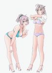  aoba_(kantai_collection) aqua_bikini bikini blue_eyes breasts cleavage film_grain full_body grey_background grey_hair hair_tie hand_on_own_knee high_heels kantai_collection kinugasa_(kantai_collection) lavender_bikini looking_at_viewer medium_breasts ojipon open_toe_shoes ponytail purple_hair remodel_(kantai_collection) scrunchie short_hair side_ponytail simple_background solo standing strappy_heels swimsuit undressing v yellow_eyes 