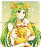  blush breasts dress green_eyes green_hair indisk_irio jewelry kid_icarus long_hair looking_at_viewer necklace palutena simple_background smile solo tiara very_long_hair 