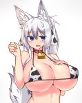  alternate_breast_size alternate_hair_color animal_ear_fluff animal_ears animal_print areolae bell bell_collar bikini blue_eyes breasts collar collarbone cow_bell cow_ears cow_girl cow_horns cow_print embarrassed eyebrows_visible_through_hair fang fox_ears fox_girl fox_tail gradient_hair hair_between_eyes highres horns huge_breasts indigo_(tylwing) long_hair looking_at_viewer micro_bikini multicolored_hair open_mouth original swimsuit tail tylwing upper_body white_background white_hair 
