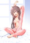  ;o abs ahoge arm_up barefoot bed bed_sheet blush breasts brown_hair commentary_request full_body head_tilt highres indian_style indoors long_hair long_sleeves looking_at_viewer medium_breasts murata_taichi navel one_eye_closed open_mouth original pajamas partially_unbuttoned pillow pink_pajamas purple_eyes sitting solo stretch yawning 