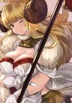  ;) ahoge anila_(granblue_fantasy) blonde_hair breasts cleavage draph eyebrows eyebrows_visible_through_hair gloves granblue_fantasy heart highres horns large_breasts long_hair looking_at_viewer maou_(maoudaisukiya) one_eye_closed pink_background polearm sheep_horns simple_background smile solo upper_body weapon white_gloves yellow_eyes 