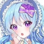  :o bang_dream! bangs blue_hair blue_hat blush bonnet bow commentary eyebrows_visible_through_hair flower hair_between_eyes hair_bow hair_flower hair_ornament hands_clasped hands_up hat head_tilt long_hair long_sleeves looking_at_viewer mamel_27 matsubara_kanon open_mouth own_hands_together purple_bow purple_eyes purple_flower purple_rose rose simple_background solo white_background 