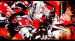  3kuma additional_memory_(vocaloid) commentary_request hair_ornament hairclip highres kagerou_project letterboxed looking_at_viewer red_eyes red_scarf scarf school_uniform short_hair solo splatter tateyama_ayano upper_body 