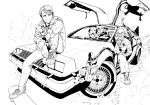  absurdres back_to_the_future car commentary_request delorean dog einstein emmett_brown greyscale ground_vehicle hand_on_own_knee highres jacket knee_up male_focus marty_mcfly monochrome motor_vehicle multiple_boys murata_yuusuke old_man on_vehicle pen shoes sitting smile sneakers watch wristwatch 