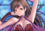  1girl bare_shoulders breasts cleavage fingerless_gloves gloves idolmaster idolmaster_cinderella_girls jewelry large_breasts long_hair looking_at_viewer lying nannacy7 necklace nitta_minami smile solo 