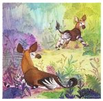  2018 ambiguous_gender black_fur black_hooves black_stripes black_tail border brown_fur brown_horn brown_tail butt duo eyelashes eyes_closed feral ferns frown full-length_portrait fur galloping giraffid grass happy hooves horn jungle kikidoodle leaf lying mammal multicolored_fur nature okapi on_front open_mouth open_smile outside portrait quadruped running shadow side_view smile snout striped_fur stripes tail_tuft traditional_media_(artwork) tree tuft two_tone_tail url watercolor_(artwork) white_border white_fur 
