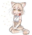  :i animal_ear_fluff animal_ears bare_shoulders belt blush bow bowtie cat_(kemono_friends) cat_ears cat_tail collar commentary_request dnsdltkfkd elbow_gloves extra_ears eyebrows_visible_through_hair gloves green_eyes hands_on_lap high-waist_skirt kemono_friends korean_commentary light_brown_hair multicolored_hair no_shoes photo-referenced seiza short_hair sitting skirt sleeveless solo tail thighhighs white_hair 