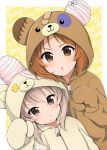  :&lt; bandages bangs bear_hood boko_(girls_und_panzer) character_name closed_mouth commentary dutch_angle frown girls_und_panzer highres light_brown_hair looking_at_viewer multiple_girls nishizumi_miho onesie open_mouth pajamas ruruepa shimada_arisu short_hair upper_body v-shaped_eyebrows zipper zipper_pull_tab 