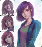  1girl aqua_shirt commentary english_commentary lips looking_at_viewer open_clothes open_shirt parted_lips pink_eyes pink_lips purple_hair shirt short_hair solo speedpaint tan_shirt 