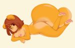  amber_eyes breasts brown_hair female fur hair long_tail looking_at_viewer lying mammal miu nipples nude on_front orange_fur pawpads peaches_(miu) pink_nose rodent short_hair smile solo squirrel 