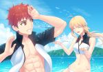  1girl ahoge artoria_pendragon_(all) artoria_pendragon_(swimsuit_archer) bikini blonde_hair blue_sky breasts brown_eyes brown_hair cleavage closed_eyes collarbone day emiya_shirou eyebrows_visible_through_hair fate/grand_order fate_(series) fateline_alpha floating_hair grin hair_between_eyes jacket long_hair open_clothes open_jacket open_mouth outdoors ponytail side-tie_bikini sky smile swimsuit upper_body white_bikini 
