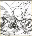  black_sclera cape clenched_hand commentary_request dated earrings fire frown genos gloves greyscale jewelry male_focus marker_(medium) monochrome multiple_boys murata_yuusuke one-punch_man saitama_(one-punch_man) serious signature stud_earrings traditional_media translation_request zipper 