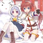  &gt;_&lt; 2girls :3 :d anger_vein animal animal_ears azur_lane bird blue_eyes blue_hair blush boots brown_footwear brown_hair capelet chick closed_mouth commentary_request cross-laced_footwear day dress eyes_closed fur-trimmed_boots fur-trimmed_capelet fur-trimmed_dress fur-trimmed_hood fur-trimmed_sleeves fur_trim hood hood_up hooded_capelet kneeling lace-up_boots long_hair long_sleeves multiple_girls open_mouth outdoors pantyhose red_eyes sitting sleeves_past_fingers sleeves_past_wrists smile snow snowing snowman thighband_pantyhose thighhighs tsukino_neru twintails very_long_hair white_capelet white_dress white_legwear 