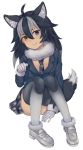  absurdres ahoge ancolatte_(onikuanco) animal_ears black_hair blue_eyes commentary extra_ears fang fang_out full_body fur_collar fur_trim gloves grey_legwear grey_wolf_(kemono_friends) hair_between_eyes head_tilt heterochromia highres kemono_friends light_smile long_hair long_sleeves looking_at_viewer multicolored multicolored_clothes multicolored_hair multicolored_legwear necktie panties pantyshot plaid plaid_neckwear plaid_skirt shoes simple_background skirt solo streaked_hair symbol_commentary tail thighhighs two-tone_hair underwear white_background white_gloves white_hair white_panties wolf_ears wolf_tail yellow_eyes 