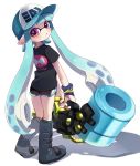  aqua_hair aqua_hat bad_id bad_twitter_id bangs baseball_cap black_footwear black_shirt black_shorts blunt_bangs boots commentary_request domino_mask full_body gym_shorts hat heavy_splatling_(splatoon) holding holding_weapon inkling inkling_(language) knee_boots logo long_hair looking_at_viewer looking_back maco_spl mask parted_lips pointy_ears print_shirt purple_eyes shirt shorts simple_background slosher_(splatoon) splatoon_(series) splatoon_1 standing tentacle_hair weapon white_background wristband 