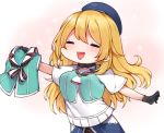  aqua_shirt atago_(kantai_collection) beret black_gloves blonde_hair blue_hat closed_eyes cowboy_shot cross-laced_clothes double_vertical_stripe gloves hat kantai_collection long_hair open_mouth shirt smile solo sparkle t-shirt vest white_background yukichi_(sukiyaki39) 