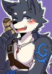  2016 4_fingers anthro black_nose blue_eyes blush canine cheek_tuft fur grey_fur head_tuft inner_ear_fluff jewelry looking_at_viewer male mammal melee_weapon mostly_nude multicolored_fur necklace open_mouth pointing pointing_at_self ponytail purple_background saku1saya simple_background solo tattoo tuft two_tone_fur weapon white_fur wolf 