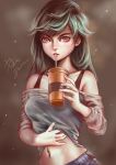  1girl black_undershirt blue_shorts brown_background commentary copyright_request cup drinking_straw eyelashes green_hair grey_shirt highres holding holding_cup looking_at_viewer navel off-shoulder_shirt parted_lips pink_eyes shirt shorts signature solo undershirt 