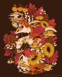  2018 ambiguous_gender autumn aycee canine claws flower fox leaf mammal mushroom oak_leaf open_mouth paws pinecone plant teeth tongue wallpaper yellow_eyes 